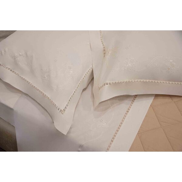 blanco glp393 lenzuola matrimoniali completo letto in cotone ricamato a mano in percalle ecrù ricamo con fili in seta e orlo a giorno set: lenzuolo sopra + sotto con angoli + 2 federe - tn573 ee