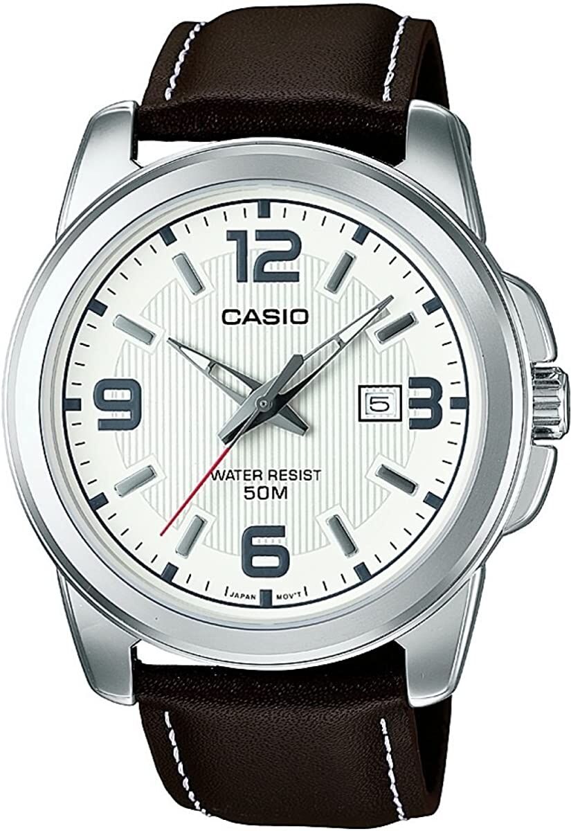 casio mtp-1314pl-7avef orologio uomo analogico con cassa in acciaio e cinturino in pelle impermeabile calendario colore cuoio - mtp-1314pl-7avef