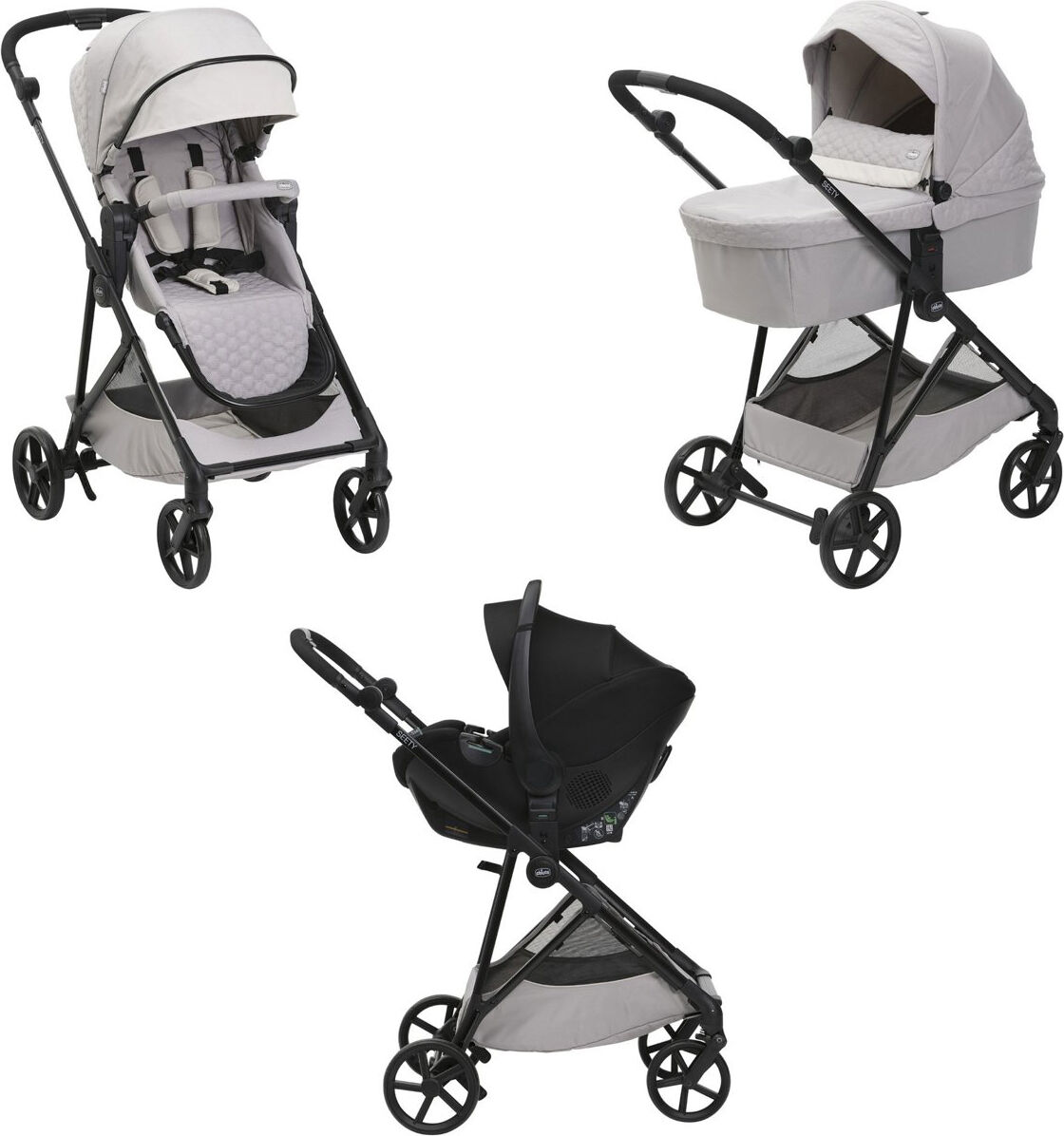 chicco 87097.70/87098.70 seety - passeggino trio leggero modulare da 0-4 anni 0-22 kg, carrozzina reclinabile 3 posizioni e seggiolino auto i-size colore florence beige