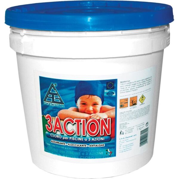 chemical 3 action 25 cloro per piscine in pasticche pastiglie multifunzione antialghe flocculante 200 gr confezione 25 kg - 3 action