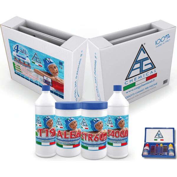 chemical kit ‘4 all’ kit pulizia piscina 4+1 trattamento acqua cloro disinfettante antialghe riduttore ph - 4 all