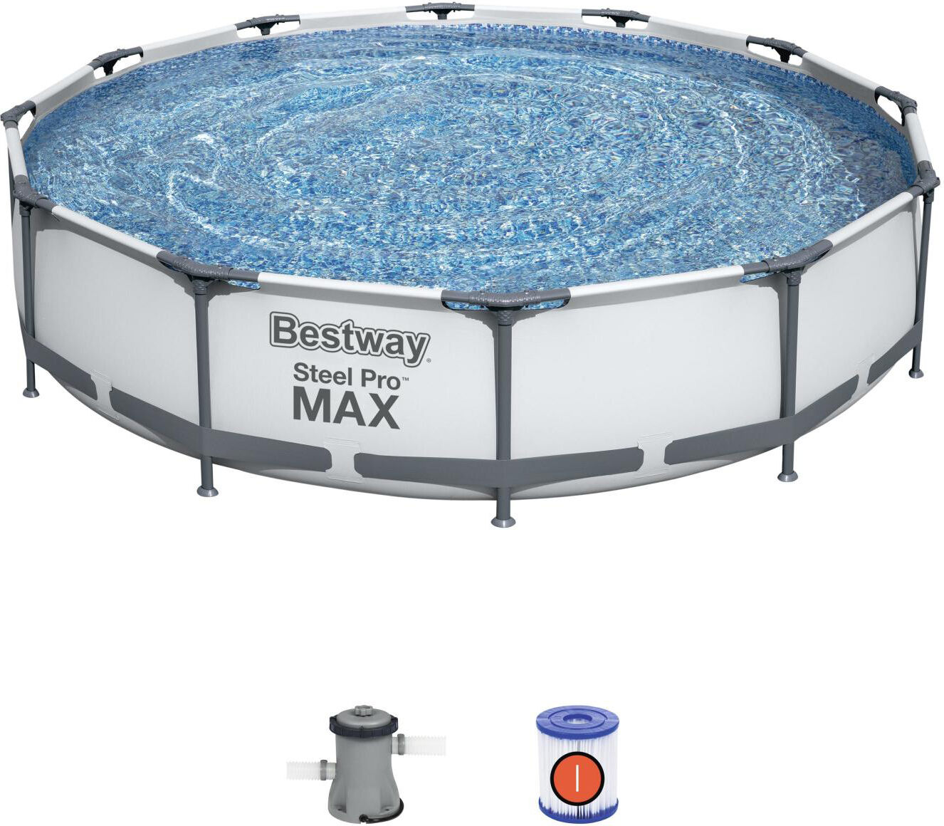 bestway 56416 piscina fuori terra con telaio portante piscina esterna da giardino in pvc triplice strato rotonda Ø 366x76h cm con pompa filtro da 1.249 lt/h - 56416 steel pro max