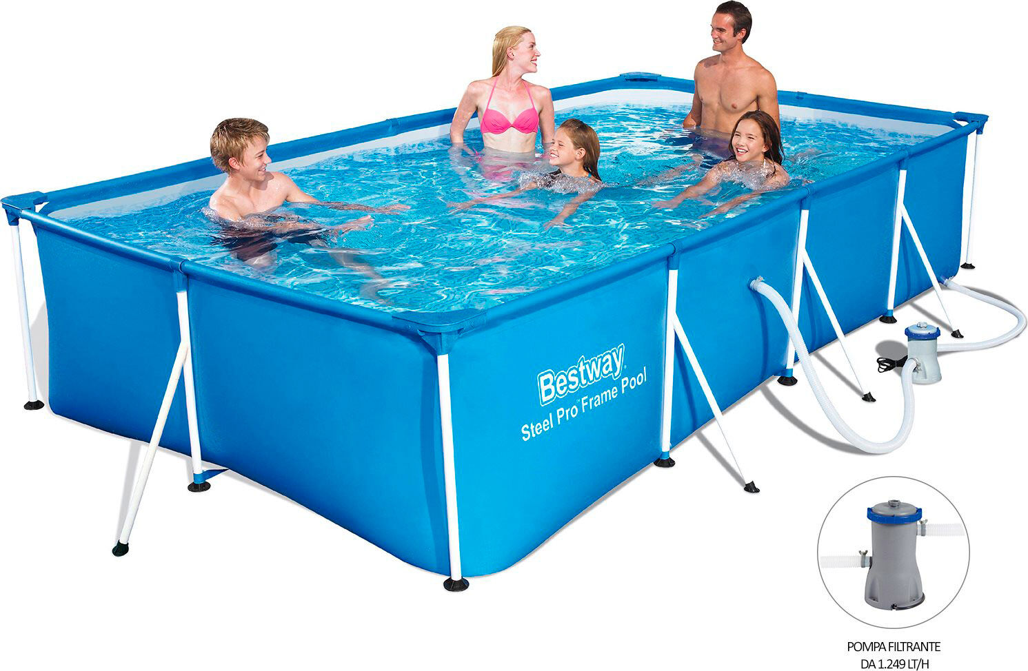 bestway 56424 piscina fuori terra con telaio portante piscina esterna da giardino in pvc triplice strato rettangolare 400x211x81h cm con pompa filtro da 1.249 lt/h 4x2 - 56424 steel pro