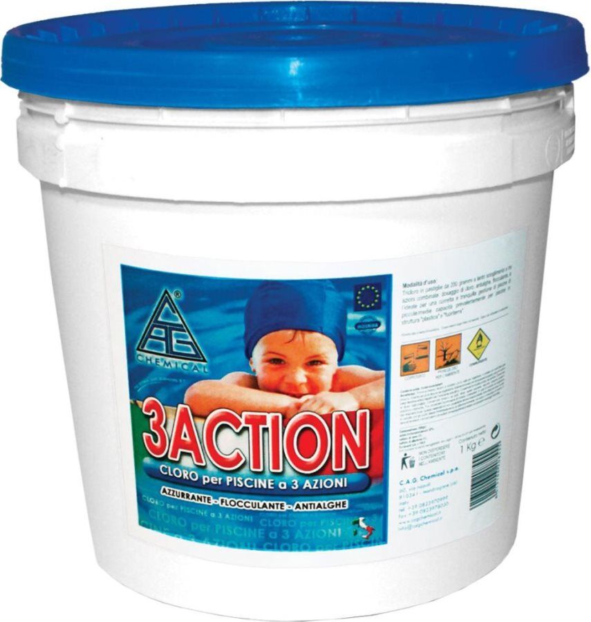 chemical 3 action 25 cloro per piscine in pasticche pastiglie multifunzione antialghe flocculante 200 gr confezione 25 kg - 3 action