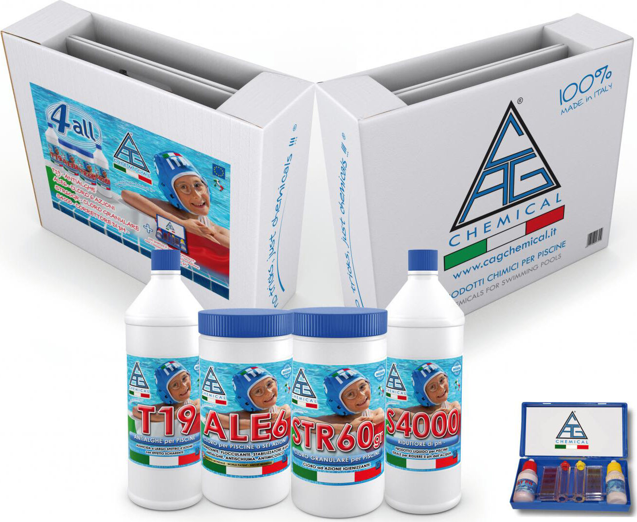 chemical kit ‘4 all’ kit pulizia piscina 4+1 trattamento acqua cloro disinfettante antialghe riduttore ph - 4 all