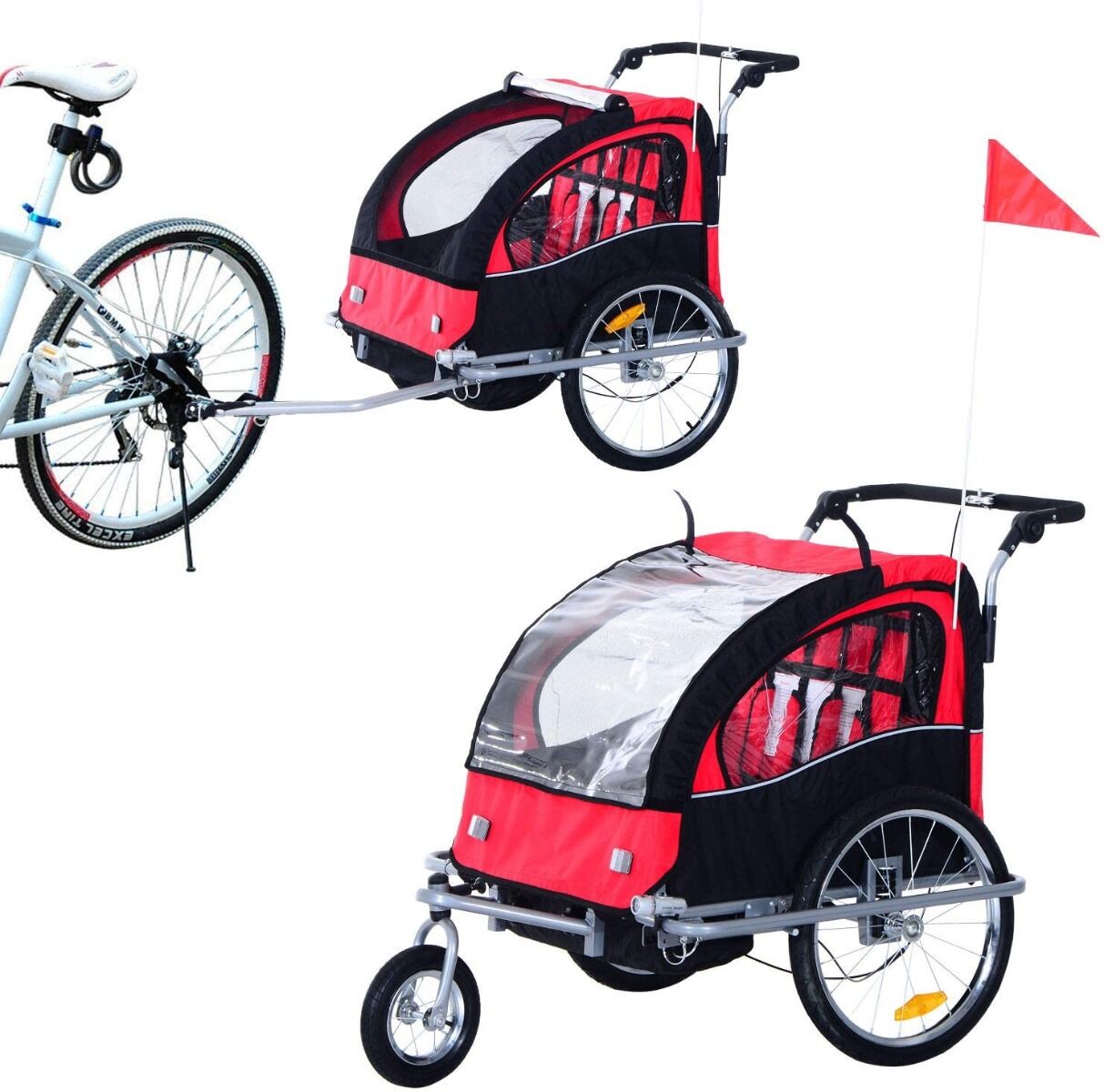 dechome 56640101rb rimorchio passeggino porta-bimbo 2 in 1 per bicicletta jogging rosso e nero - 56640101rb