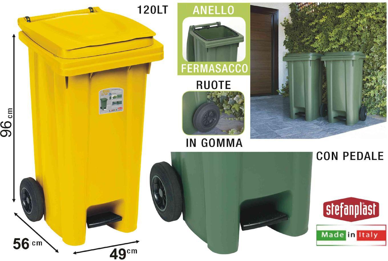 stefanplast 25705 bidone carrellato litri 120 con pedale giallo segnale cm 54.5x49.5x94h - 25705