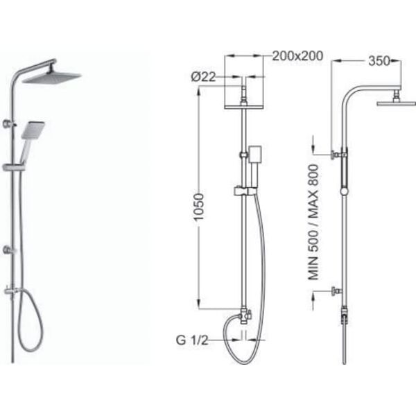 wts 15328 colonna doccia soffione Ø 200x200 mm con doccetta e deviatore materiale acciaio - 15328 t-shower