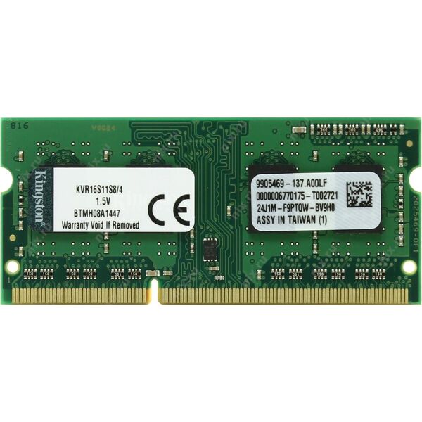 kingston kvr16s11s8/4 memoria ram sodimm valueram 4 gb ddr3 sdram - 1600 mhz / pc3-12800 - 240 pin - cl11 - 1.5v - unbuffered - per notebook - kvr16s11s8/4