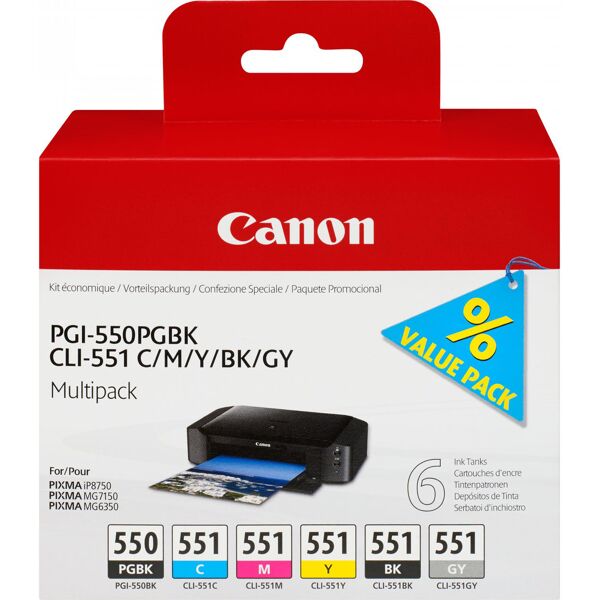 canon 6496b005 cartuccia originale nero per foto, ciano per foto, grigio per foto, magenta per foto, nero, photo yellow multipack 6 pz - pgi-550pgbk + cli551 (pgbk/c/m/y/bk/gy) 6496b005