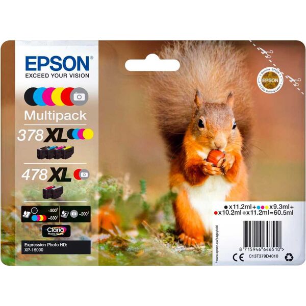 epson c13t379d4020 cartuccia originale multipack nero, ciano, magenta, giallo per foto - squirrel 378xl / 478xl claria photo hd ink c13t379d4020