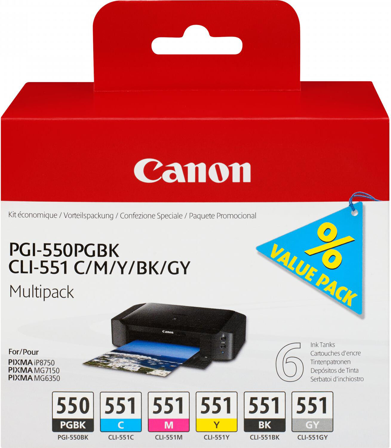 canon 6496b005 cartuccia originale nero per foto, ciano per foto, grigio per foto, magenta per foto, nero, photo yellow multipack 6 pz - pgi-550pgbk + cli551 (pgbk/c/m/y/bk/gy) 6496b005