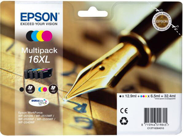 c13t16364010 cartuccia originale inkjet nero per stampante multifunzione epson wf2010/2510 confezione 4 pezzi - c13t16364010 16xl