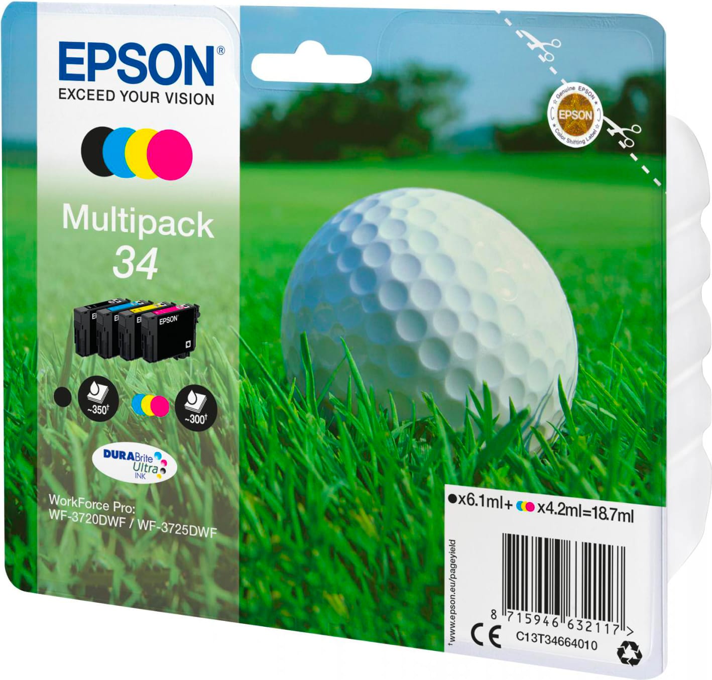 epson c13t34664020 cartuccia inkjet originale compatibile con workforce pro wf-3725dwf/3720dwf nero/magenta/ciano/giallo - c13t34664020 durabrite ultra ink pallina da golf