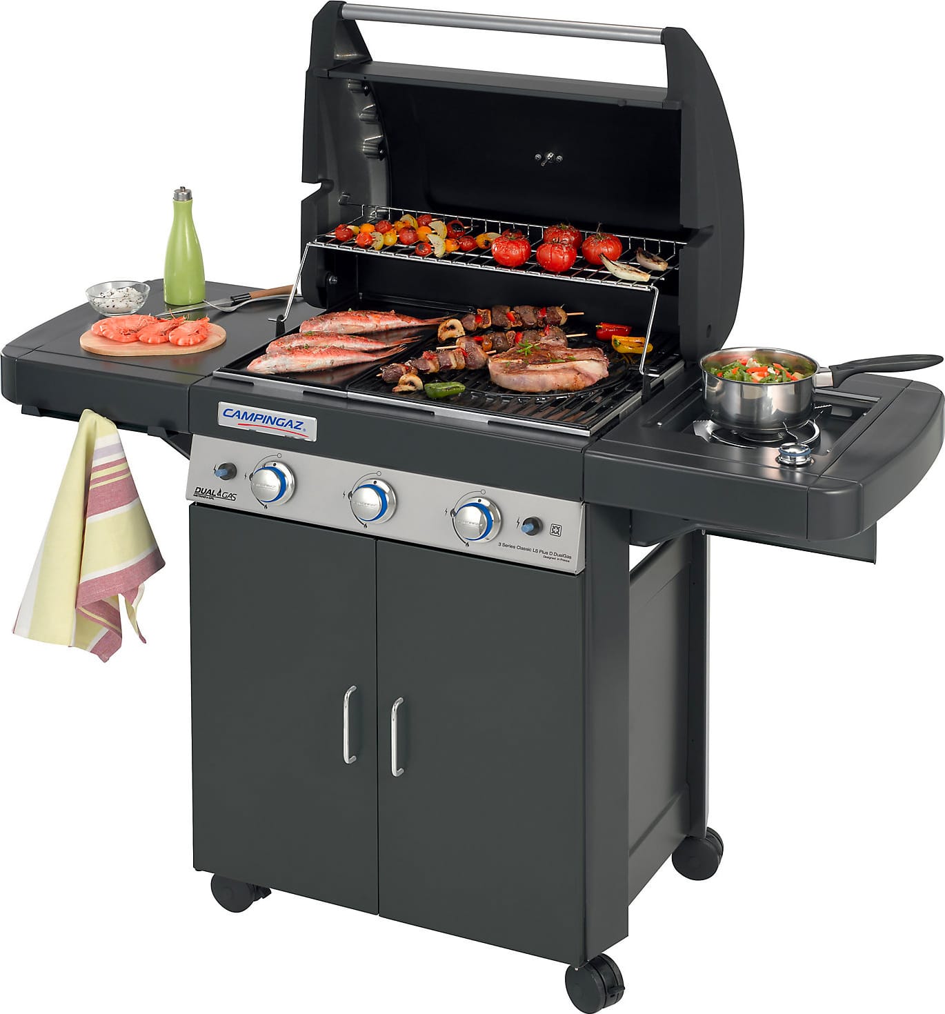 campingaz 2000033886 barbecue a gas da giardino bbq da esterno con coperchio ruote e fornello laterale potenza 9.6+2.3 kw - 2000033886 - 3 series classic ls plus d dualgas