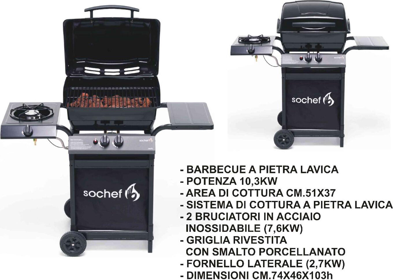 sochef g20724 barbecue a gas bbq da giardino esterno in acciaio 51x37 cm con pietra lavica con coperchio e ruote colore nero - g20724 più pepito