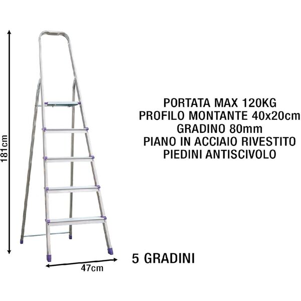 sicos 139115 scala alluminio 5 gradini domestica piedini antiscivolo - 139.115 domina