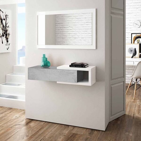 fores habitat ol6743a specchio da ingresso con mensola e cassetto colore bianco e cemento 95x26x19h cm - ol6743a