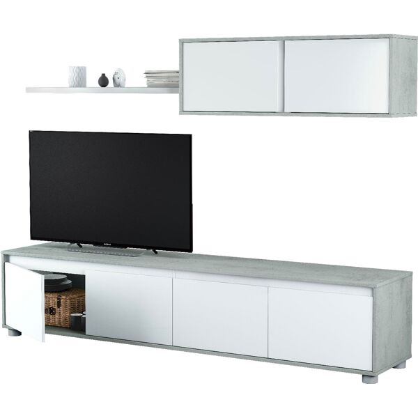 fores habitat 016663l parete attrezzata in legno completo di mobile tv 200x41x43h, pensile 105x29x35h, mensola 95x31x3h cm, colore bianco / cemento - 016663l linea alida