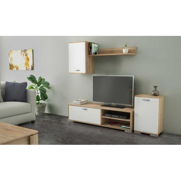 kitwood industry pr3028 parete attrezzata in legno completo di mobile tv 138x40x30h cm, base 40x30x55h cm, pensile 40x30x55h cm, mensola 90x15x20h cm, colore bianco / rovere - pr3028