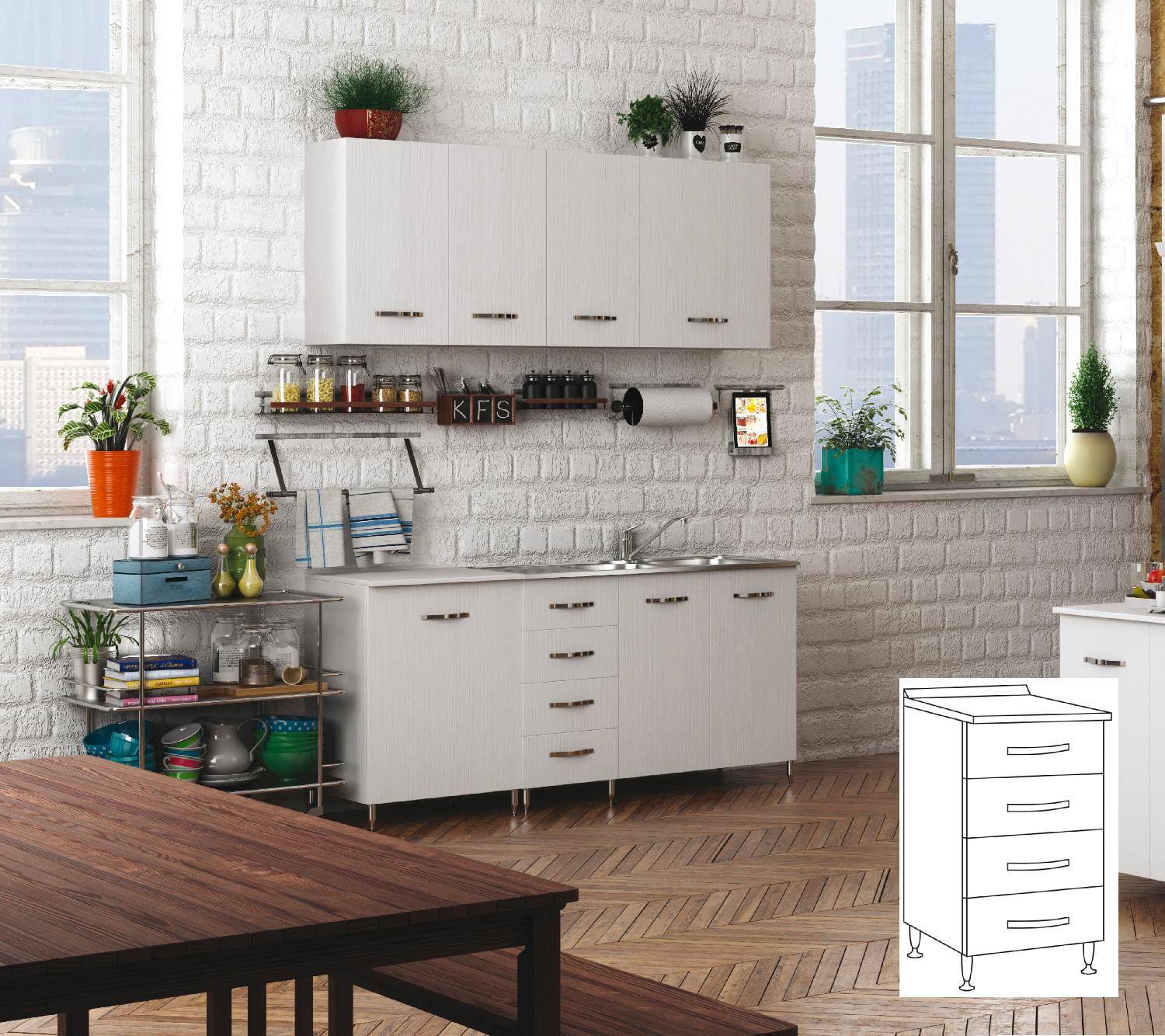 azur line bfca40kit mobile cucina mobiletto con 4 cassetti 40x50x85h cm colore bianco - bfca40kit