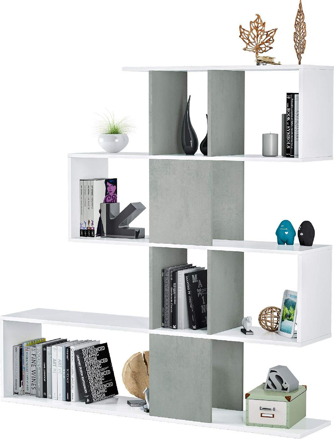 fores habitat 1l2251a libreria in legno 4 ripiani 145x29xh145 cm colore bianco / cemento - 1l2251a linea zig-zag