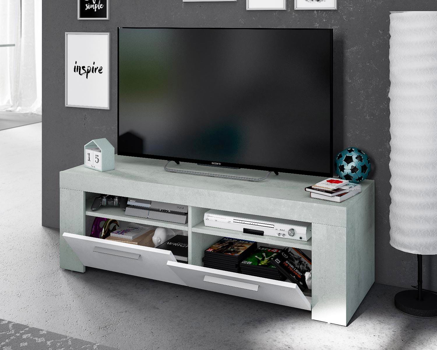 fores habitat 016621l mobile tv 2 ante in legno 120x42x40h cm colore bianco / cemento - 016621l linea ambit