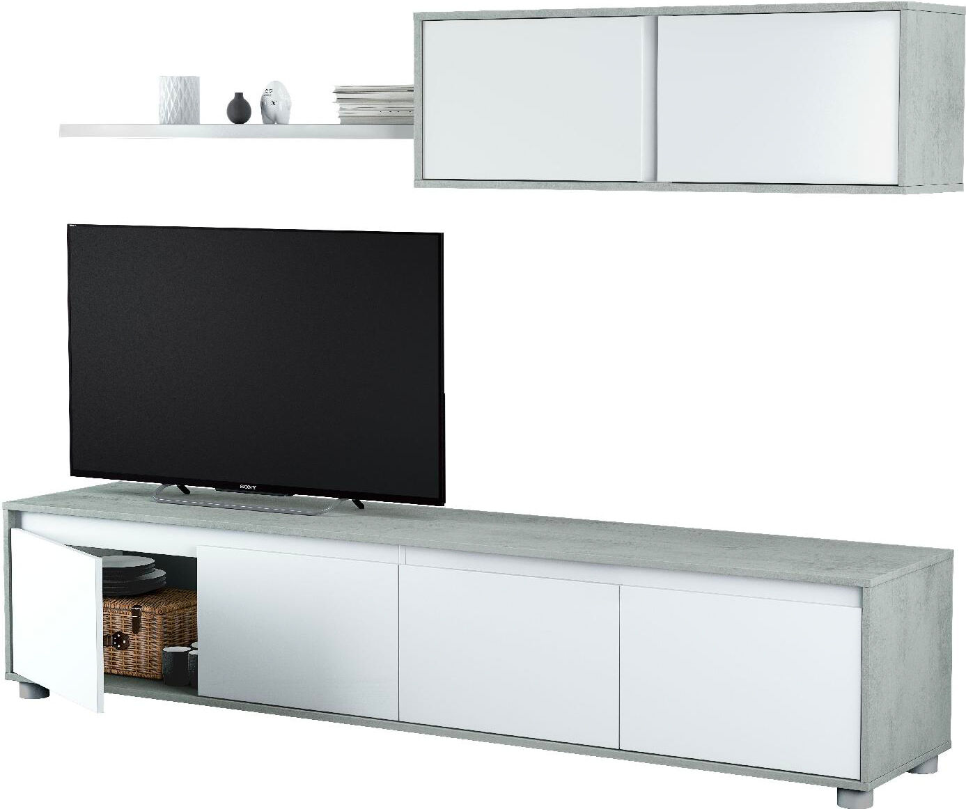 fores habitat 016663l parete attrezzata in legno completo di mobile tv 200x41x43h, pensile 105x29x35h, mensola 95x31x3h cm, colore bianco / cemento - 016663l linea alida