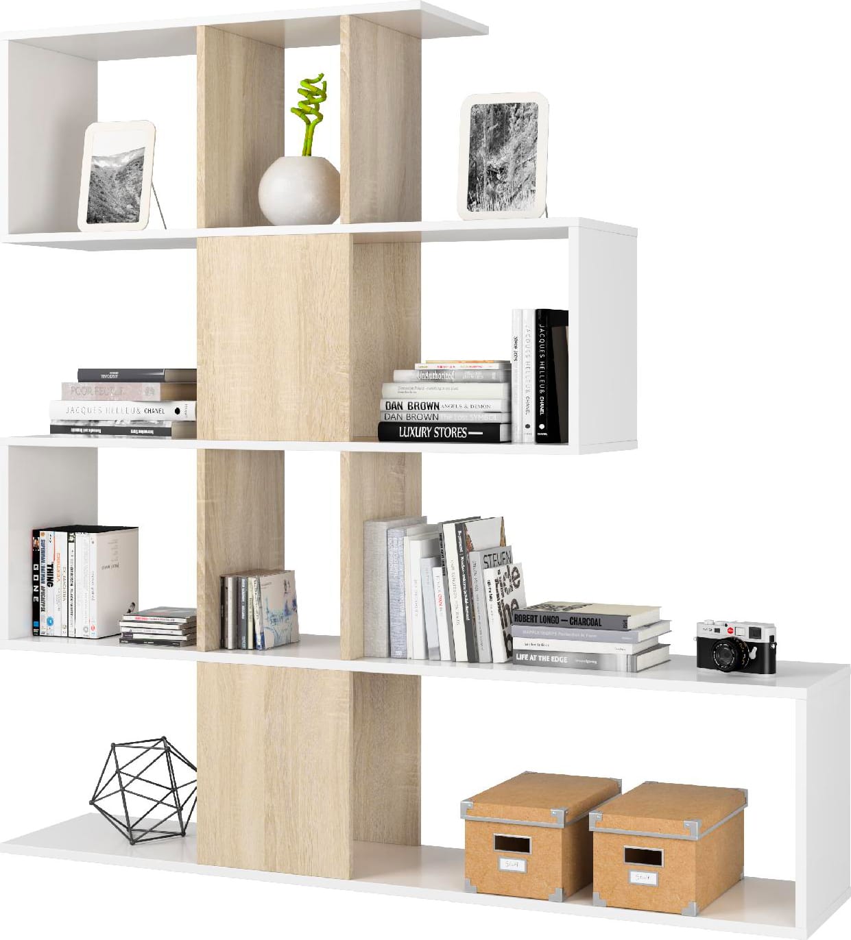 fores habitat 1f2251a libreria in legno 4 ripiani 145x29x145h cm colore bianco / rovere - 1f2251a zig-zag