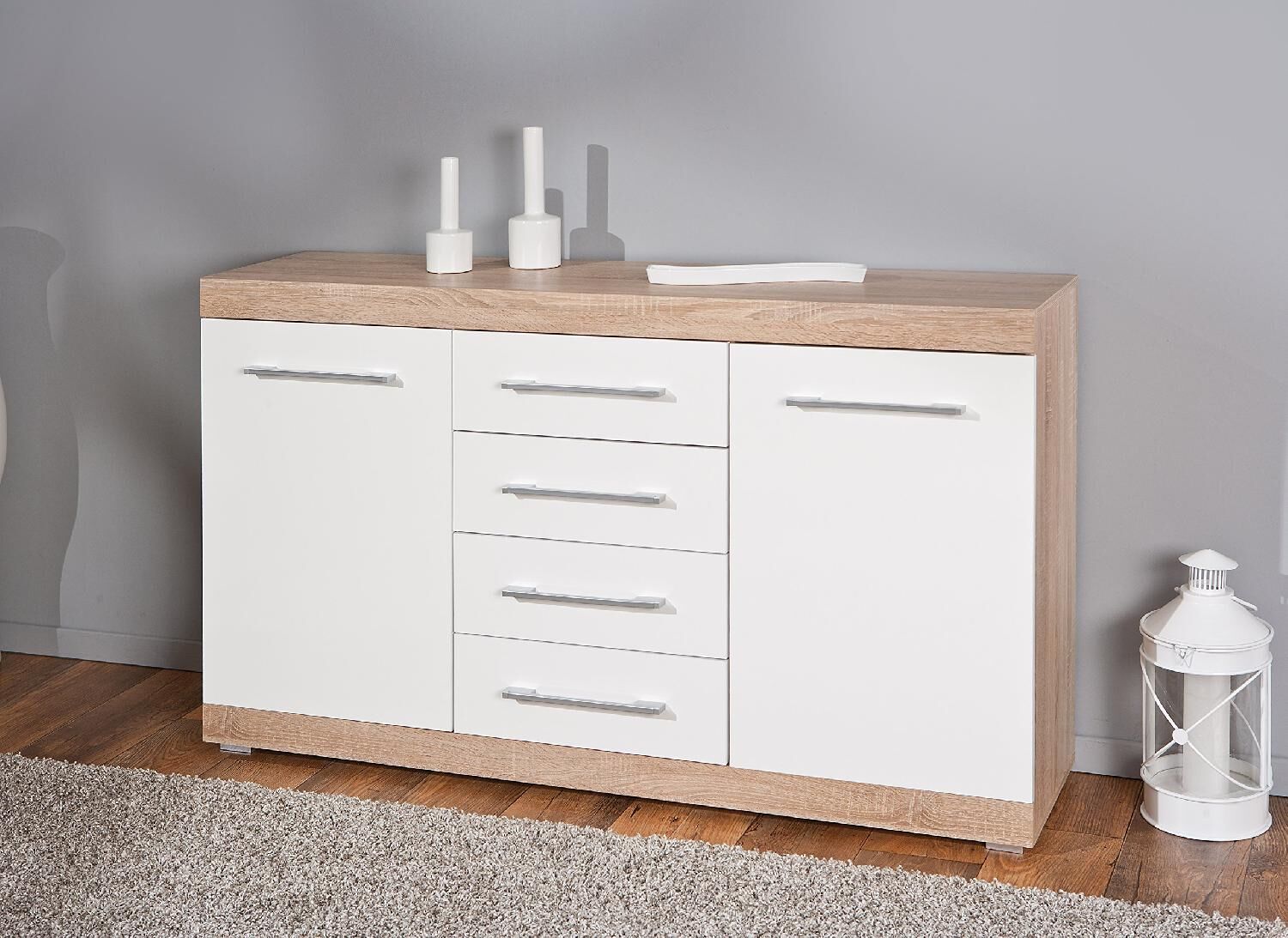 inter link 19601030 mobile buffet 2 ante / 4 cassetti in legno 155x40x87h cm colore bianco / rovere - 19601030 linea lublin