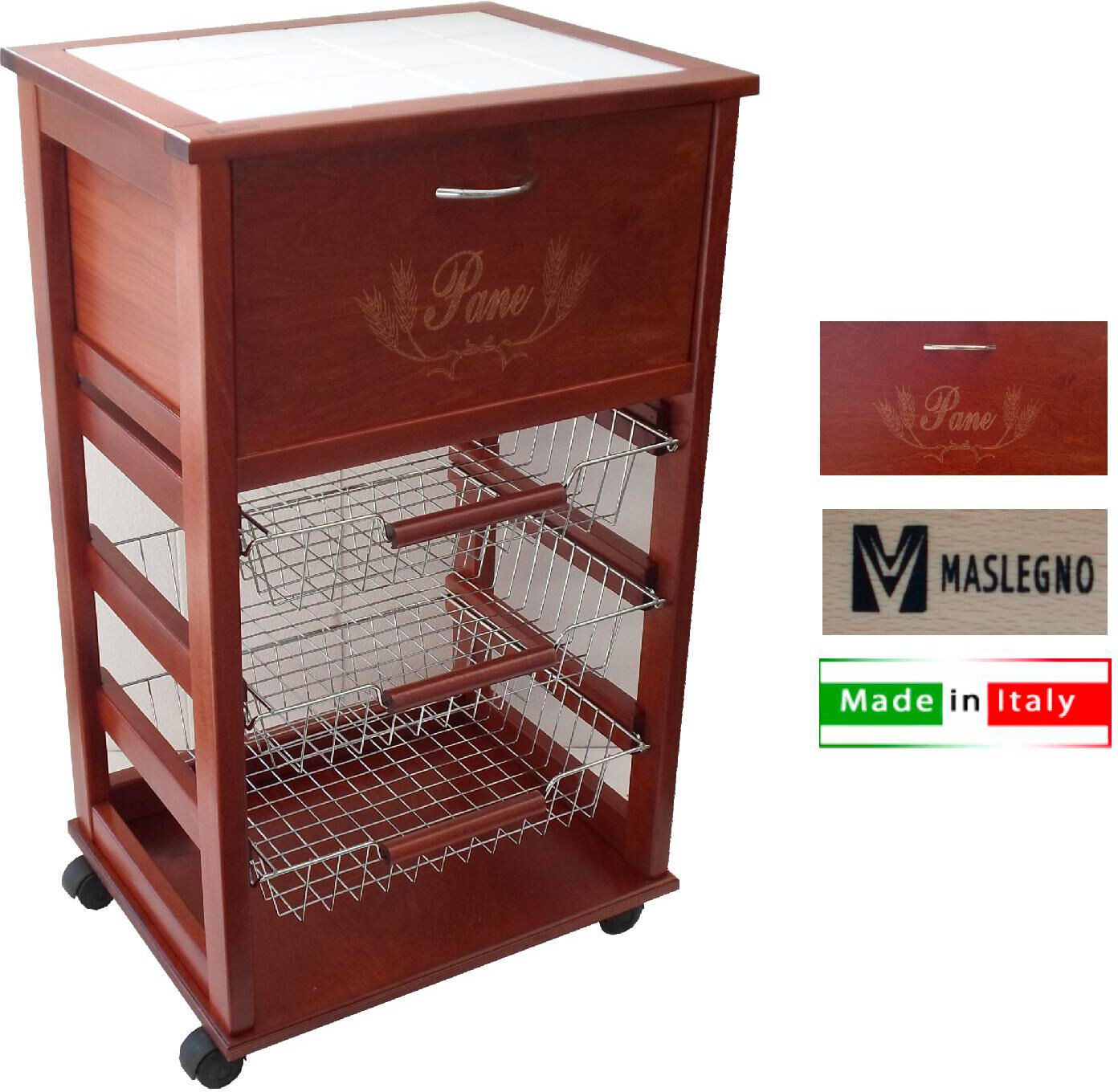 mas legno Il1883 Carrello Vesuvio Con Portapane Ciliegio