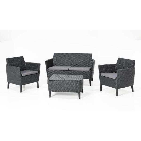 allibert 133726 set da giardino salotto da giardino effetto rattan salottino da esterno completo 4 pezzi: divano, 2 poltrone e tavolino colore grafite - salemo lounge set