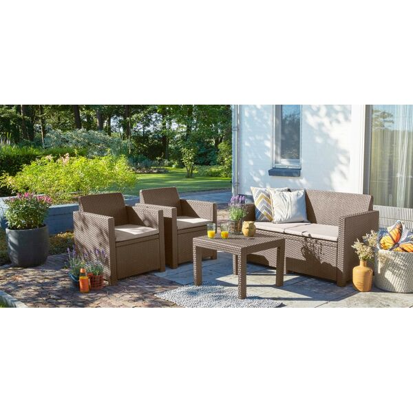 allibert 226810 set da giardino salotto da giardino in resina effetto rattan salottino da esterno completo 4 pezzi: divano, 2 poltrone e tavolino colore cappuccino - alabama