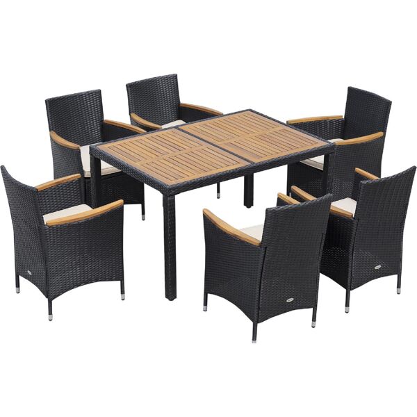 dechome 051bk861 tavolo da giardino con sedie set da 7 pezzi in pe rattan e legno con cuscini morbidi colore nero - 051bk861