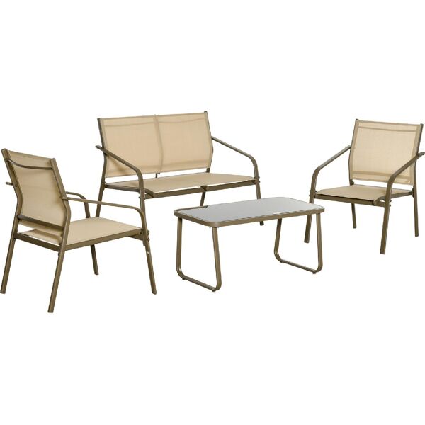 dechome 93584b set mobili da giardino 4 pezzi salotto da esterno con 2 sedie 1 divanetto e 1 tavolino da caffè in metallo e texteline kaki - 93584b