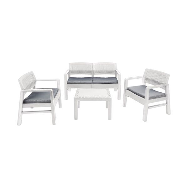 ipae-progarden kilimanjarowh set da giardino salotto da giardino in resina effetto rattan salottino da esterno completo 4 pezzi: divano, 2 poltrone, tavolino e cuscini bianco - kilimanjaro