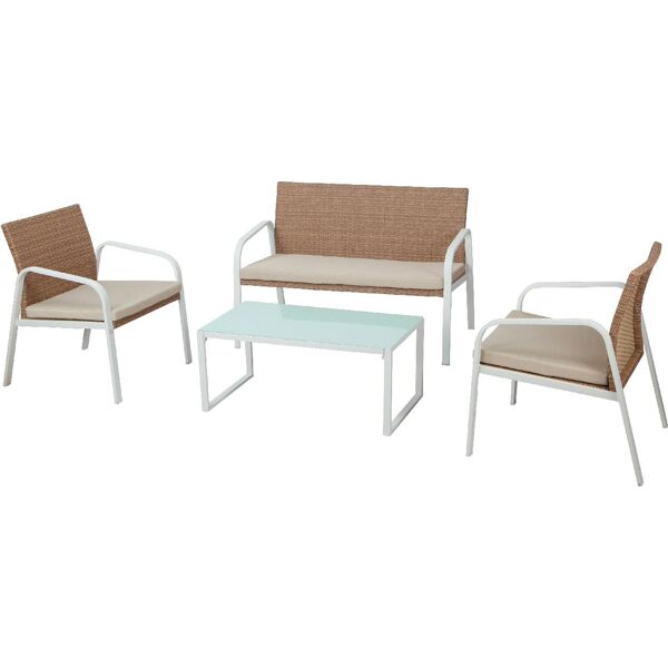 garden friend s1304401 set da giardino salotto da giardino effetto rattan salottino da esterno completo 4 pezzi: divano, poltrone, tavolino e cuscini colore bianco / miele - s1304401 madeira