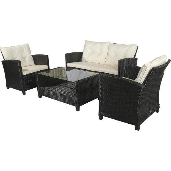 vivagarden 117c set 4 pezzi arredo esterno in rattan pe con divano, 2 poltrone e tavolino con ripiano in vetro temperato colore nero/beige - 117c