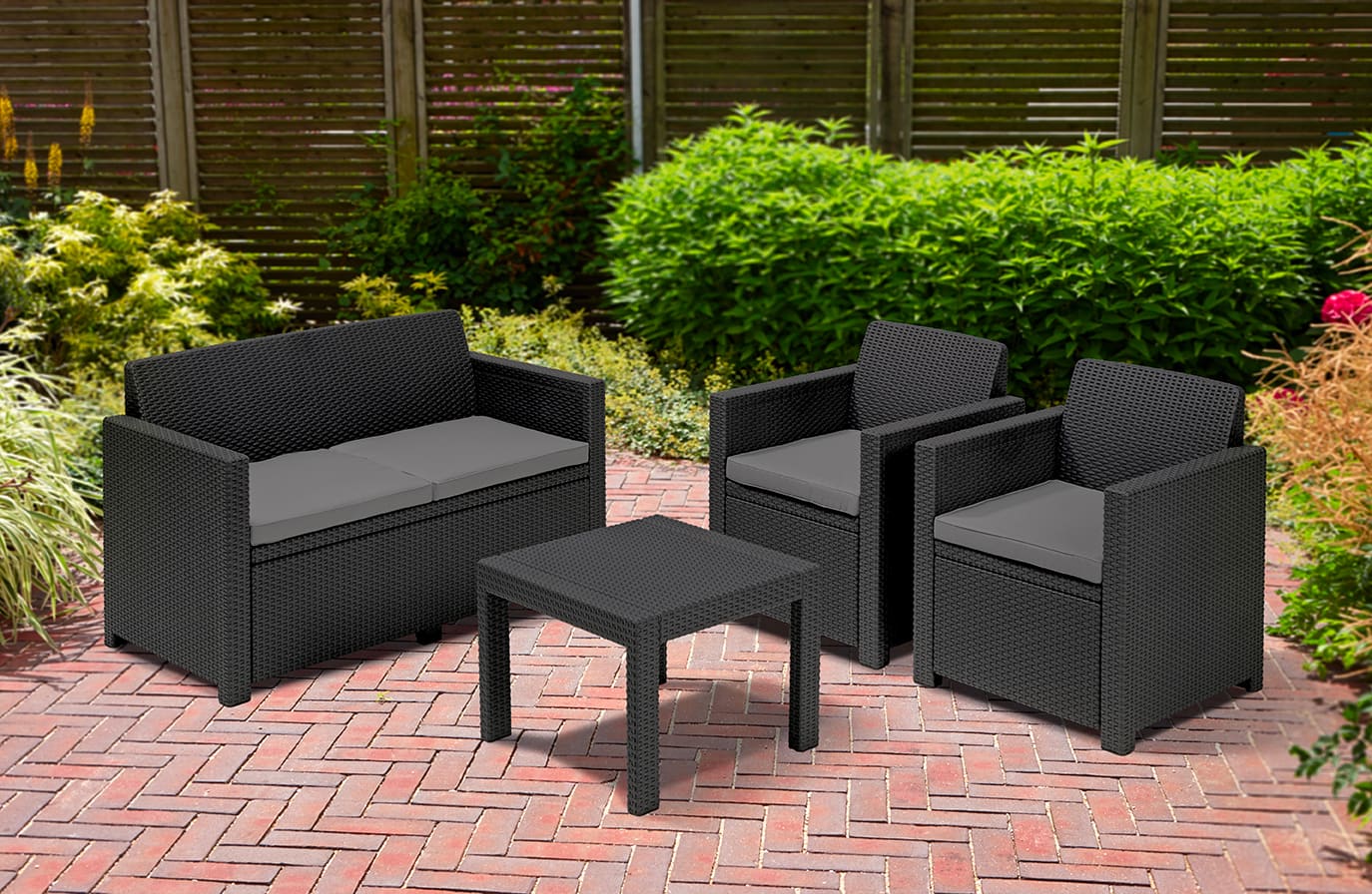 allibert 213968 set da giardino salotto da giardino in resina effetto rattan salottino da esterno completo 4 pezzi: divano, 2 poltrone e tavolino colore grafite - alabama