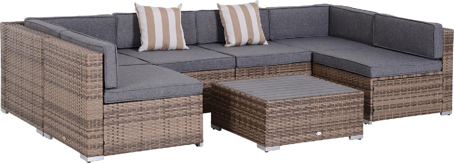 dechome 020v03860 salotto da giardino in rattan da 7 pezzi con tavolino e divano modulabile con cuscini grigio - 020v03860