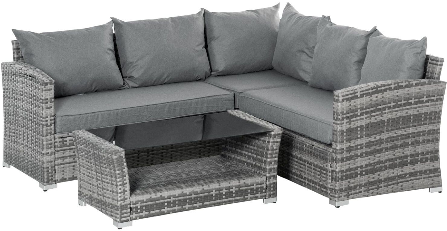 dechome 189860 salotto da giardino in rattan pe da 4 pezzi con divano angolare e tavolino con vetro grigio - 189860