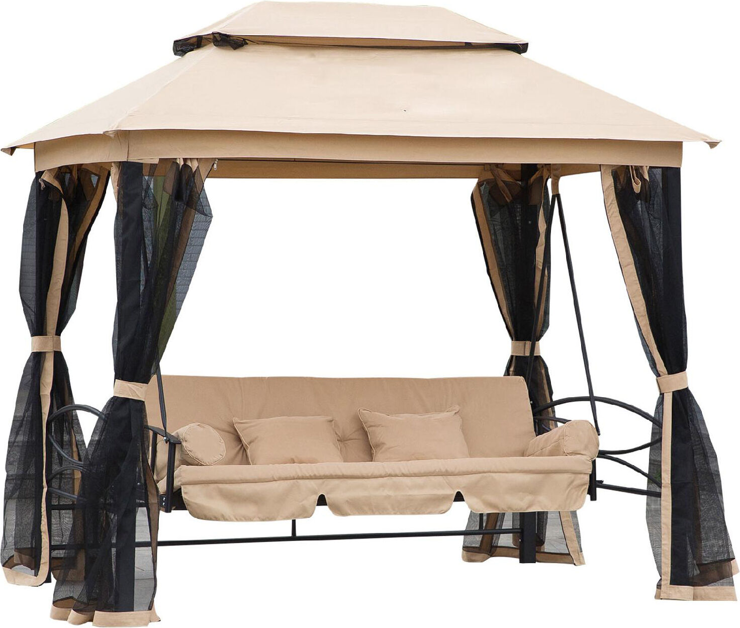 vivagarden 5684a gazebo giardino con dondolo da giardino 3 posti reclinabile con zanzariera e cuscini 256x172x248 cm colore beige - 5684a