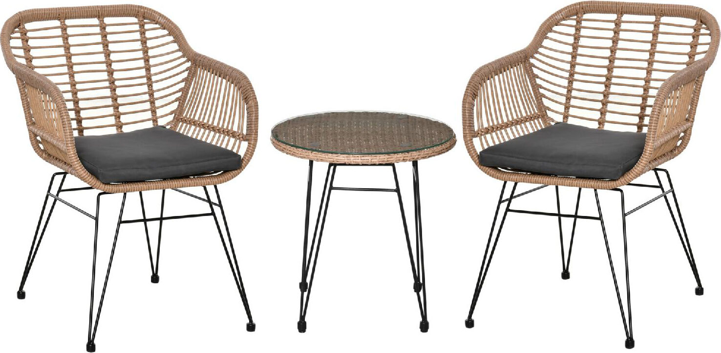 dechome 96863 set mobili da giardino in rattan pe 2 sedie con cuscini e tavolino con ripiano in vetro grigio - 96863