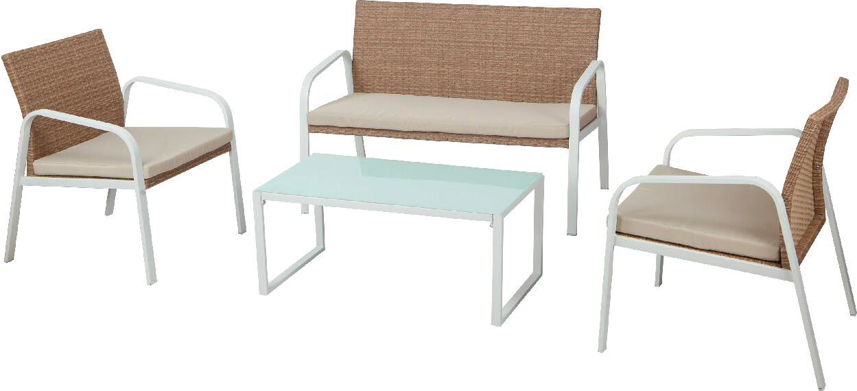 garden friend s1304401 set da giardino salotto da giardino effetto rattan salottino da esterno completo 4 pezzi: divano, poltrone, tavolino e cuscini colore bianco / miele - s1304401 madeira