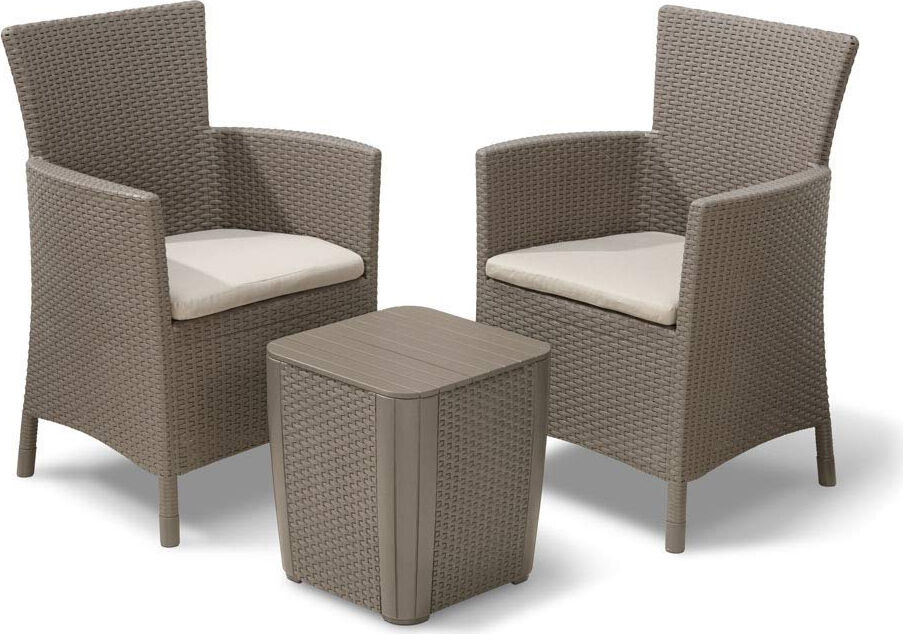 giardini del re 144147 set da giardino salotto da giardino in resina effetto rattan salottino da esterno completo 3 pezzi: 2 poltrone, tavolino e cuscini colore cappuccino - 144147 iowa balcony