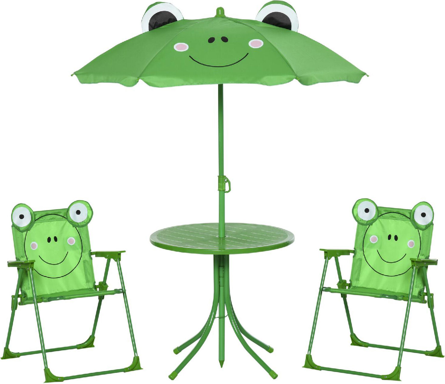 vivagarden 024g1 tavolino da giardino esterno rotondo bambini + 2 sedie pieghevoli + ombrellone fantasia rana - 024g1