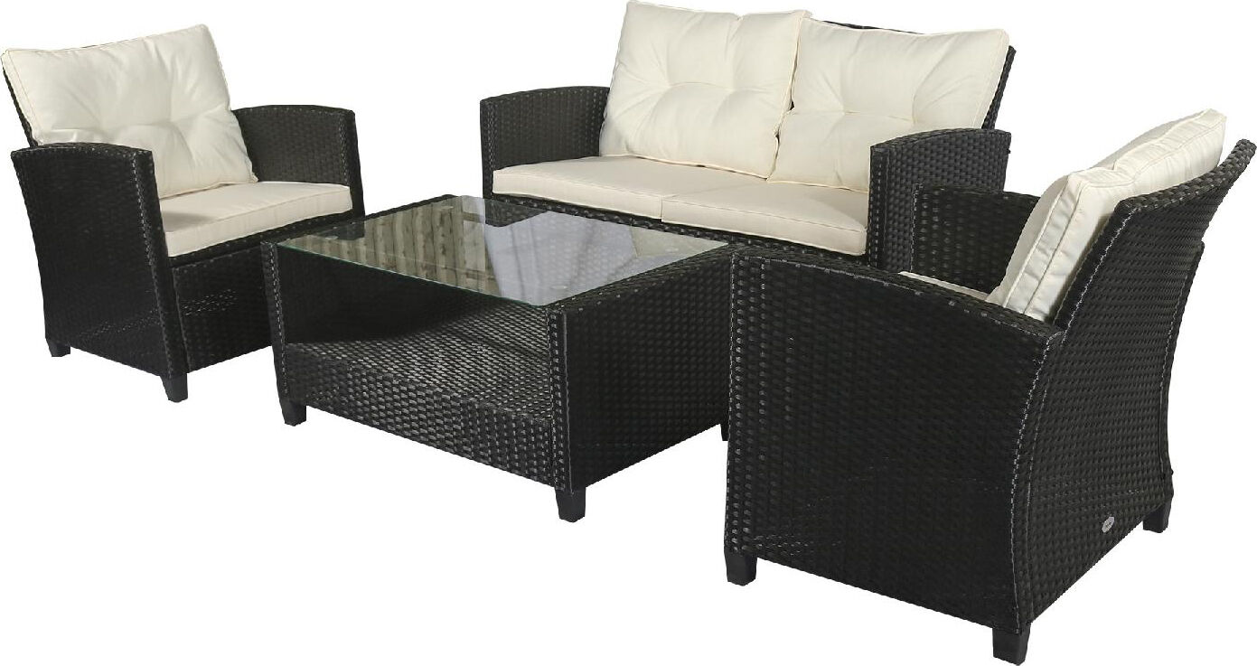 vivagarden 117c set 4 pezzi arredo esterno in rattan pe con divano, 2 poltrone e tavolino con ripiano in vetro temperato colore nero/beige - 117c