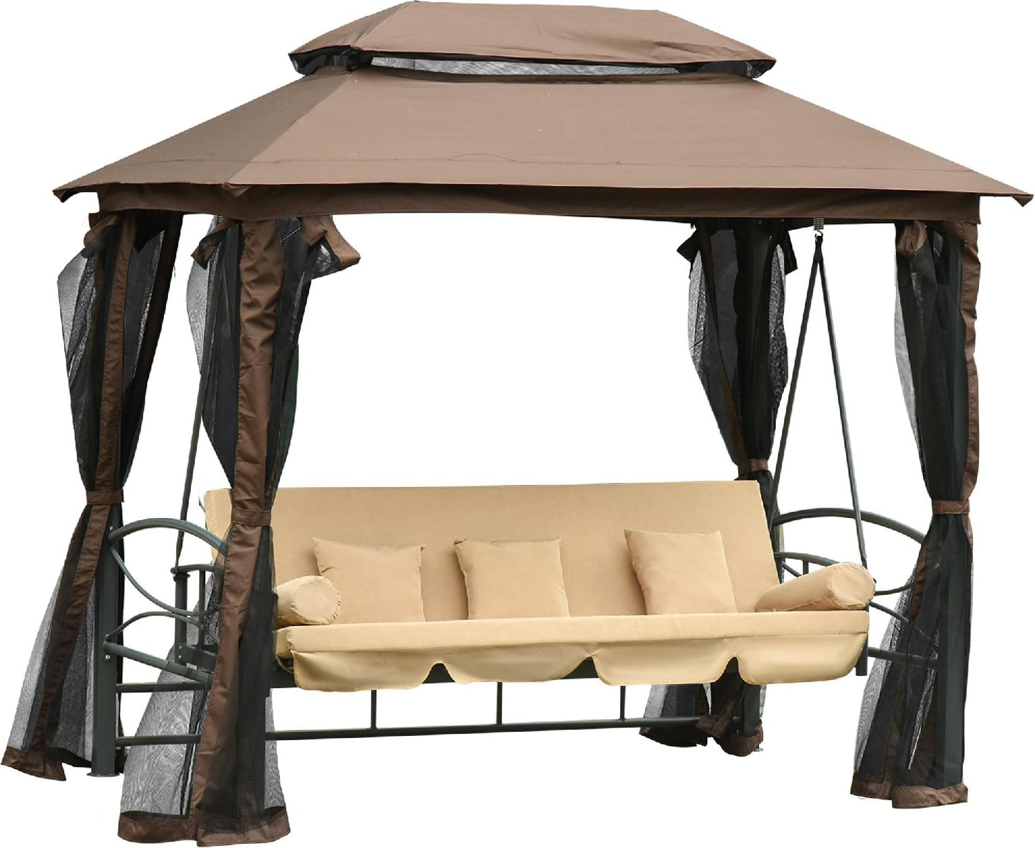 vivagarden 18284a gazebo giardino con dondolo da giardino 3 posti convertibile in lettino zanzariera e cuscini colore beige - 18284a