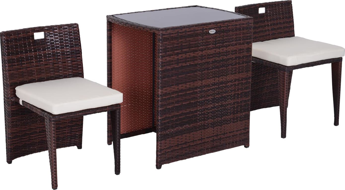 vivagarden 841135 set mobili da giardino in rattan e ferro 3 pz set di tavolino e sedia con cuscino marrone e nero - 841135
