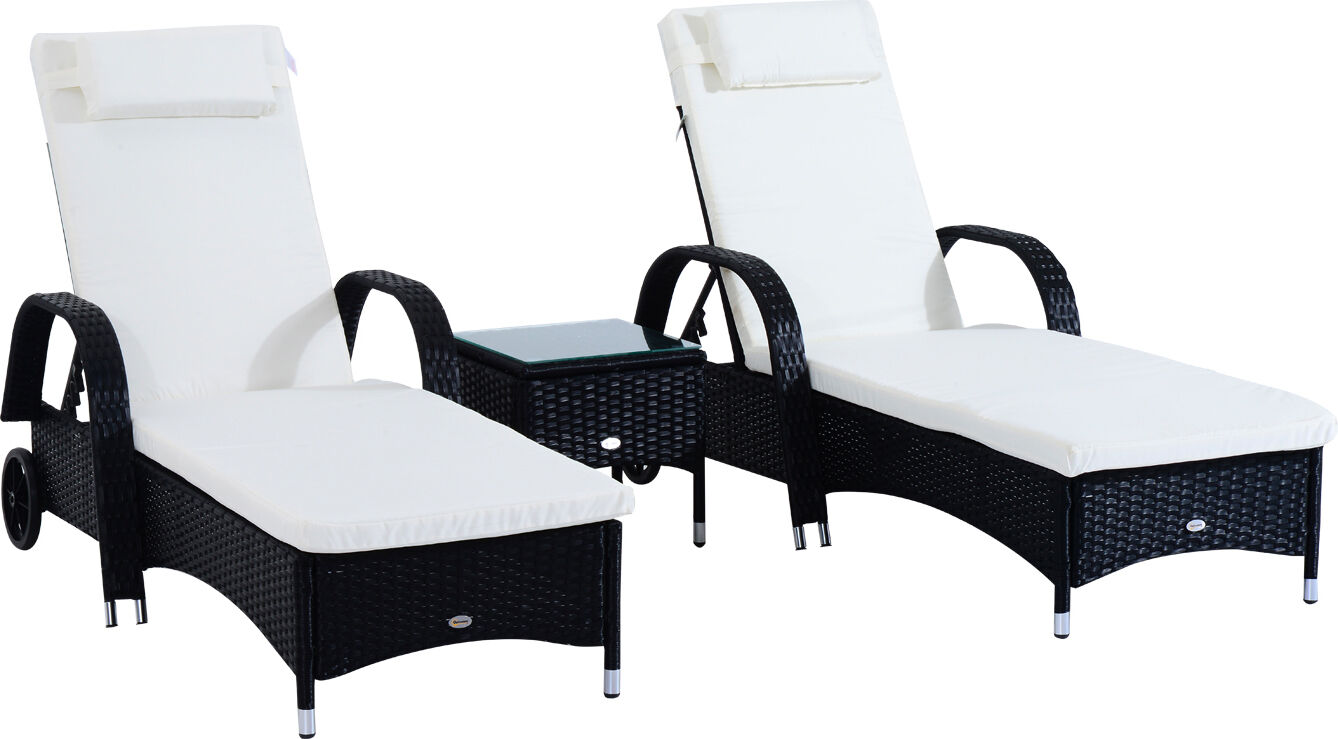 vivagarden 86d011bk set 2 lettini a sdraio prendisole in rattan pe reclinabili con materassino imbottito e tavolino colore nero - 86d011bk